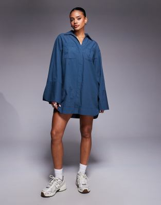 Asos Design Mini Shirt Dress With Wide Cuffs And Oversized Pockets In Blue