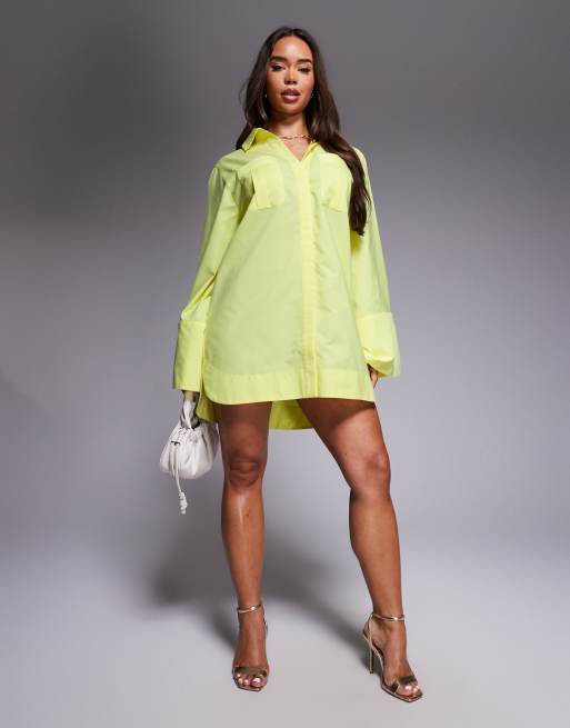 ASOS DESIGN mini shirt dress with wide cuffs and oversized pockets in lemon