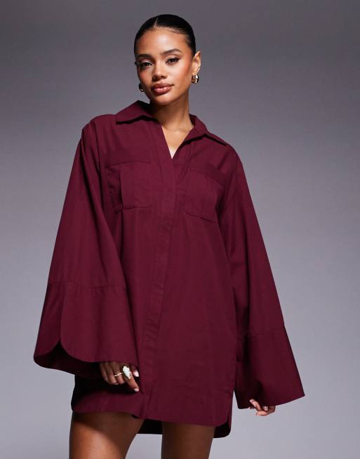 ASOS DESIGN mini shirt dress with wide cuffs and oversized pockets in mulberry