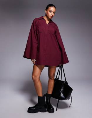 Asos Design Mini Shirt Dress With Wide Cuffs And Oversized Pockets In Red