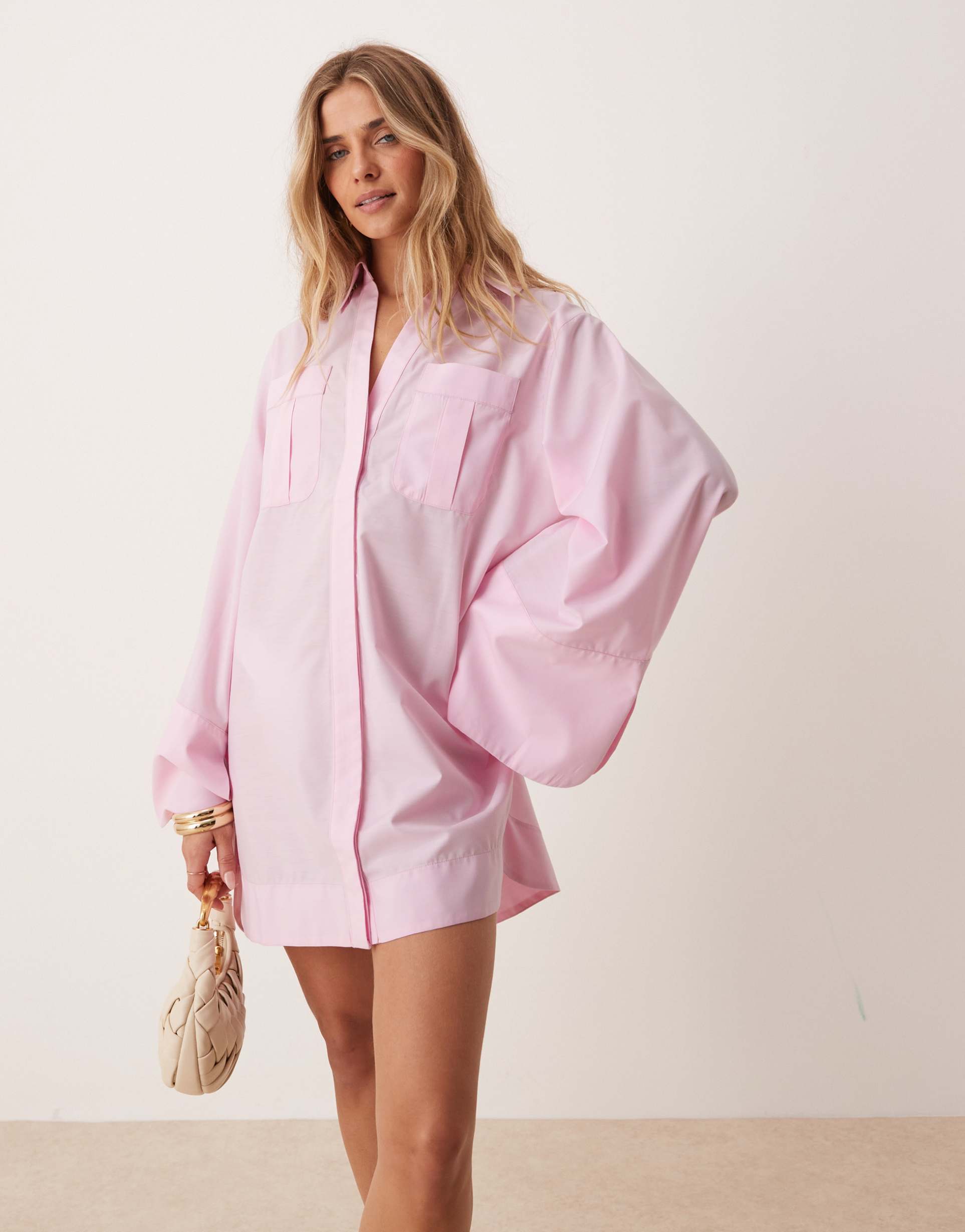 asos design mini shirt dress with wide cuffs and oversized pockets in sugary pink