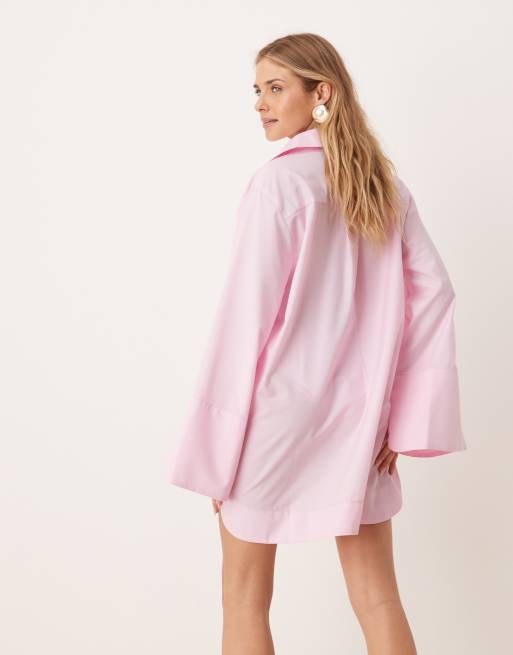 ASOS DESIGN mini shirt dress with wide cuffs and oversized pockets in sugary pink