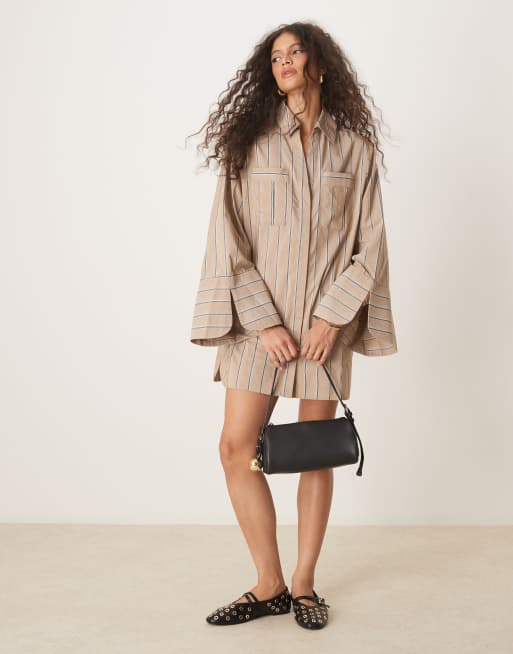 ASOS DESIGN mini shirt dress with wide cuffs and oversized pockets in tan stripe, 2 of 4