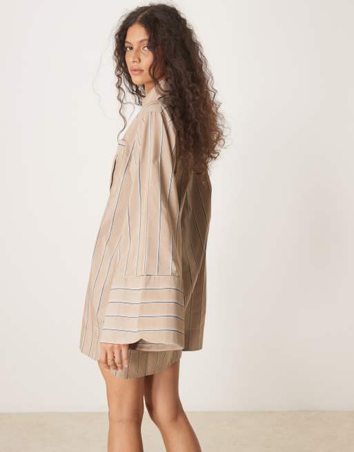 ASOS DESIGN mini shirt dress with wide cuffs and oversized pockets in tan stripe, 4 of 4