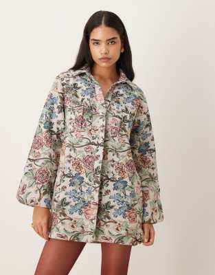 ASOS DESIGN mini shirt dress with wide cuffs and oversized pockets in tapestry print-Multi