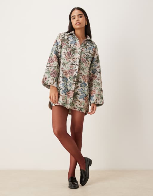 ASOS DESIGN mini shirt dress with wide cuffs and oversized pockets in tapestry print