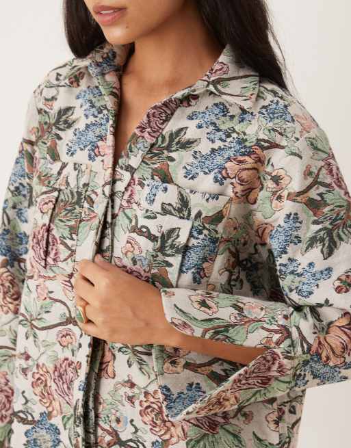 ASOS DESIGN mini shirt dress with wide cuffs and oversized pockets in tapestry print