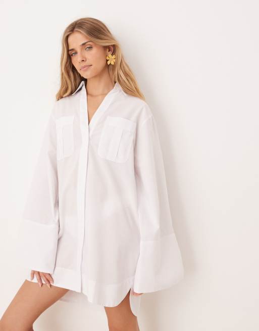 ASOS DESIGN mini shirt dress with wide cuffs and oversized pockets in white