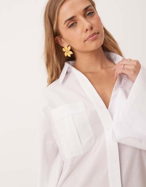 ASOS DESIGN mini shirt dress with wide cuffs and oversized pockets in white