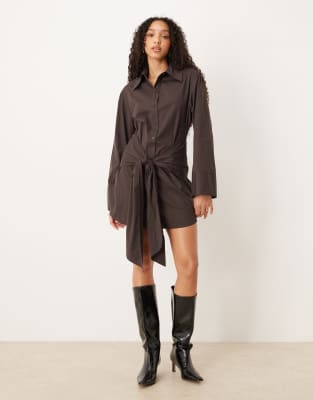 Asos Design Mini Shirt Dress With Wrap Front Detail In Brown