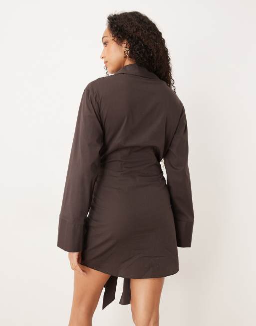 ASOS DESIGN mini shirt dress with wrap front detail in brown, 3 of 4