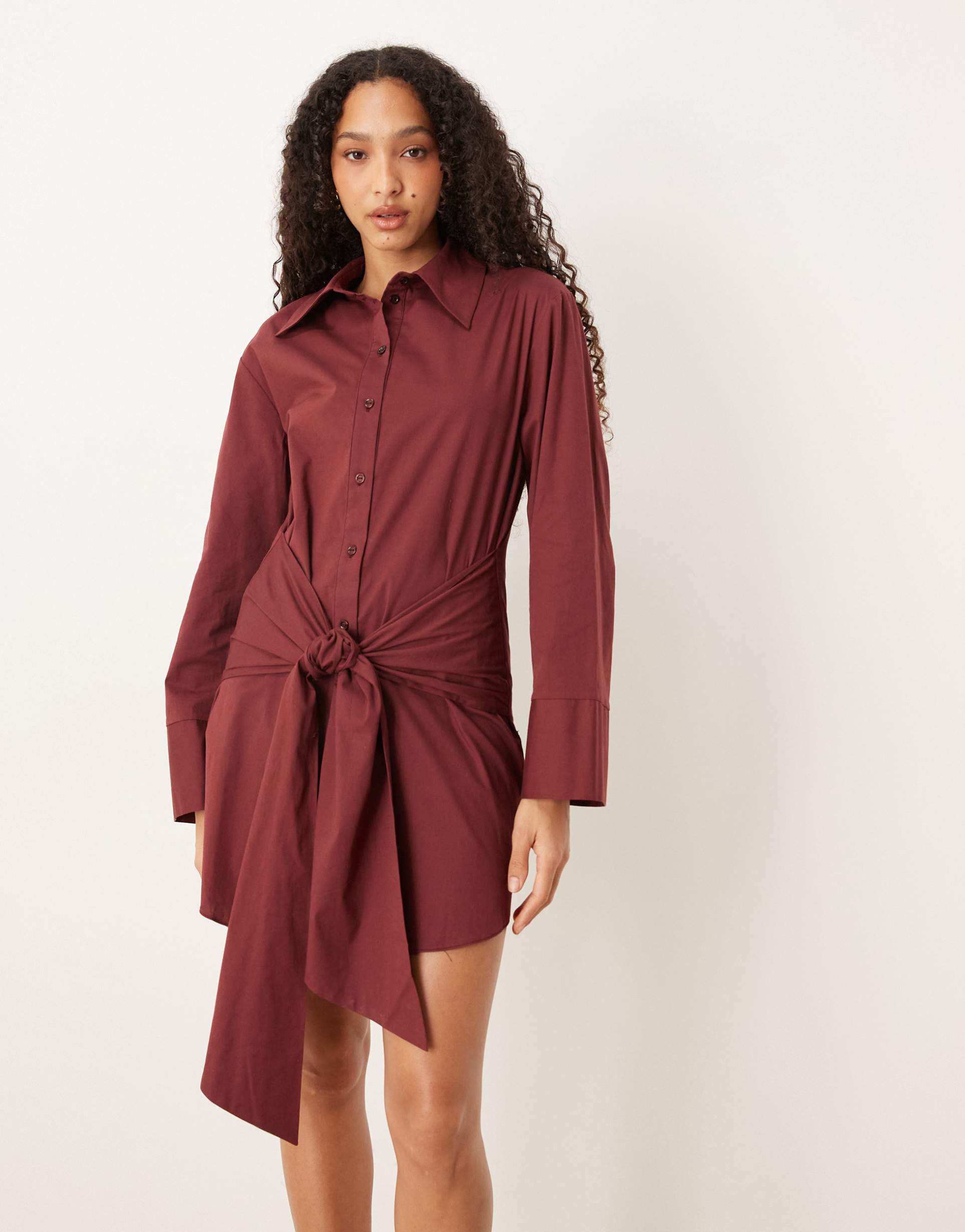 asos design mini shirt dress with wrap front detail in burgundy