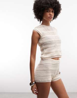 Mini-short d'ensemble en maille crochet - Écru-Blanc L