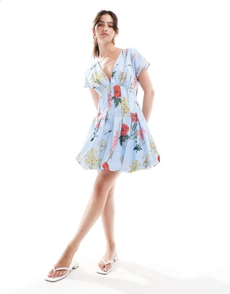 ASOS DESIGN mini short sleeve dress godet skirt in botanical floral print - view 1