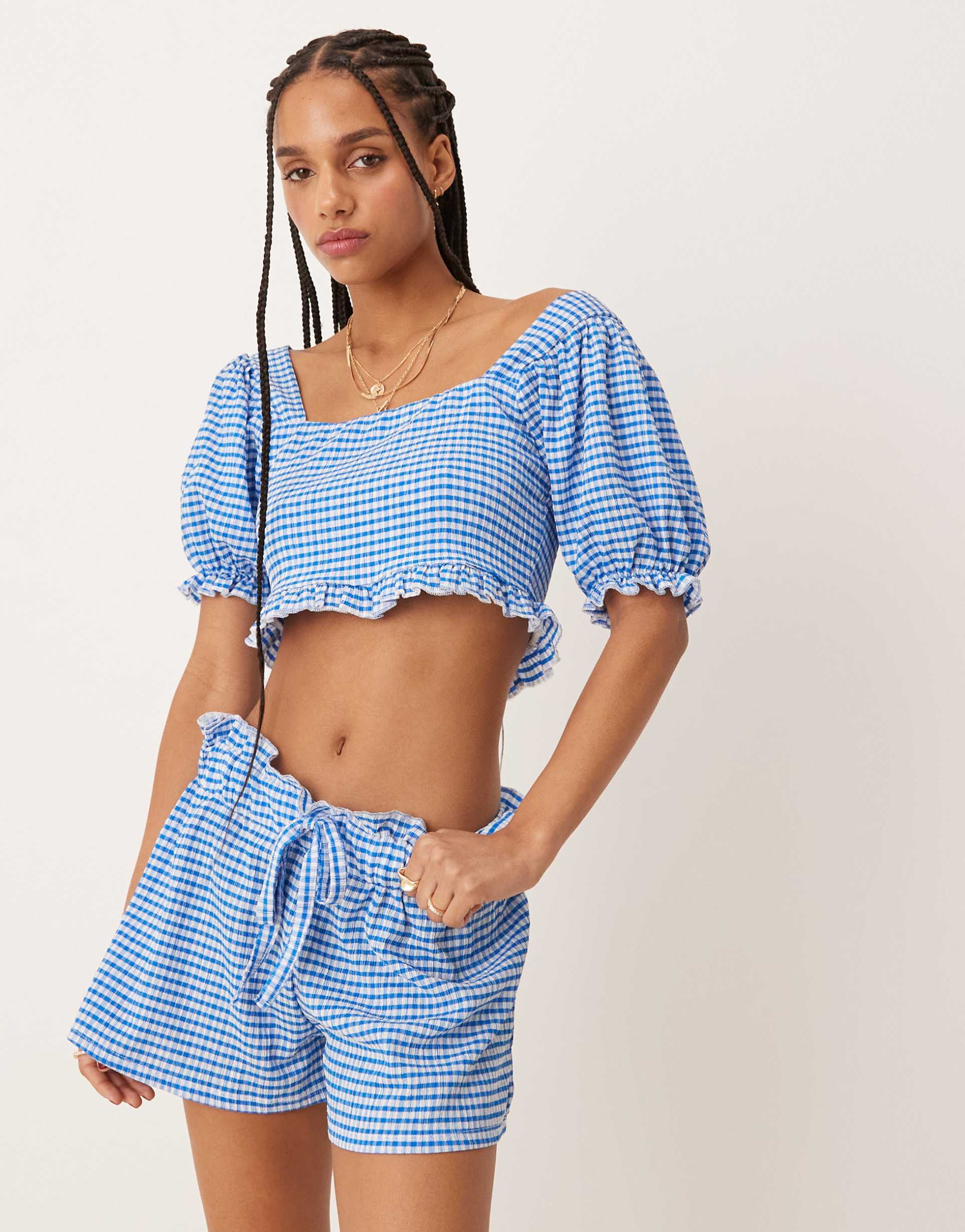 asos design mini shorts in light blue gingham - part of a set