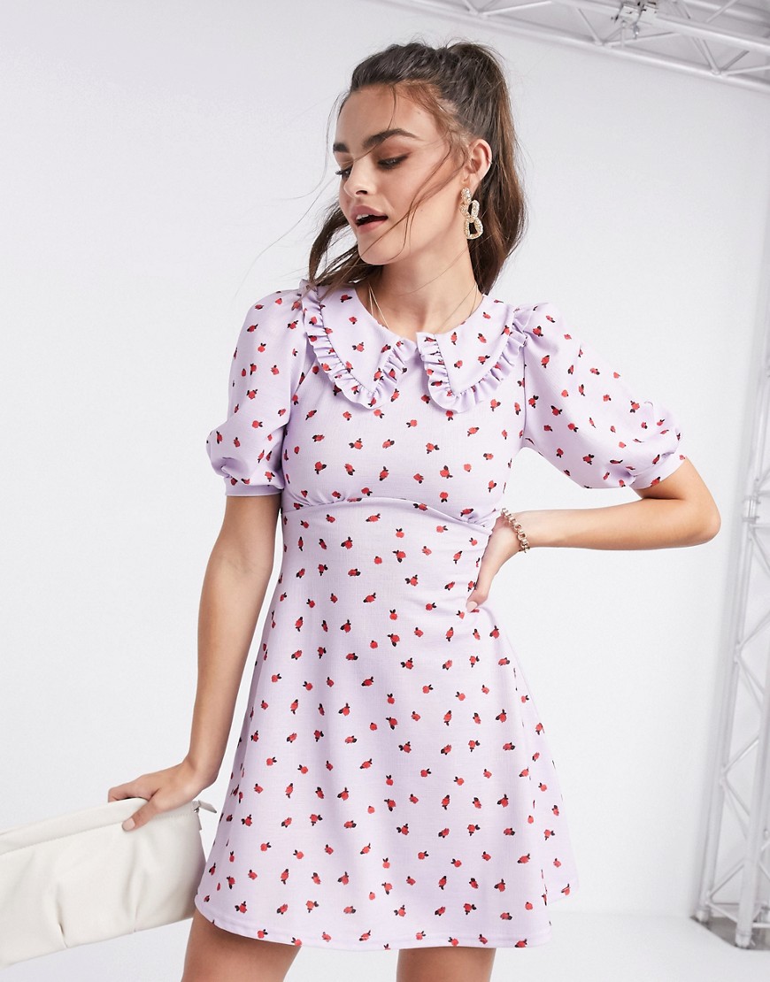 Asos Design Mini Skater Dress With Collar Detail In Lilac Floral Print-purple