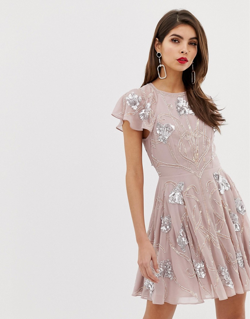 ASOS DESIGN mini skater dress with frill cap sleeve with all over embellishment-Pink