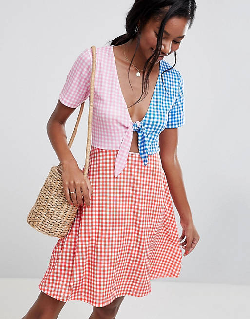 ASOS DESIGN mini skater sundress with tie front in color block Gingham