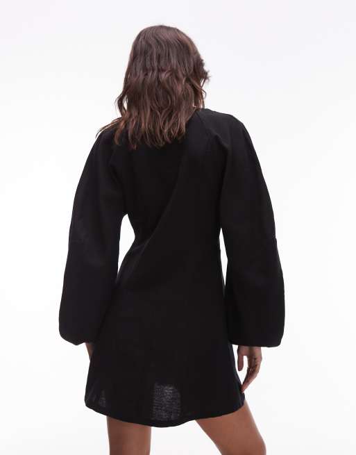 ASOS DESIGN - Mini-skaterjurk met ballonmouwen en structuur in zwart, 4 van 4