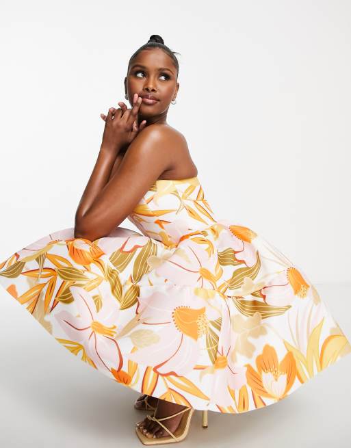 ASOS DESIGN - Mini-skaterjurk met bandeau en stroken in gele bloemenprint