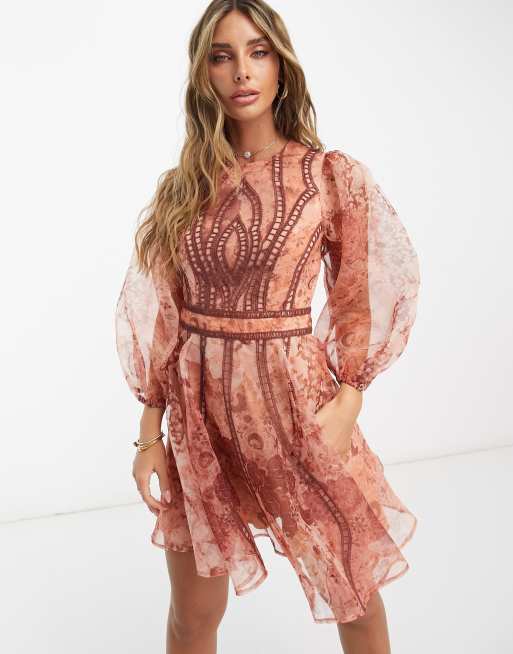 ASOS DESIGN - Mini skaterjurk van organza met kanten inzetstuk en borduursel in roze print 