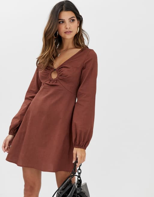 ASOS DESIGN – Mini-Skaterkleid aus Leinen mit Ring in Schildpattoptik