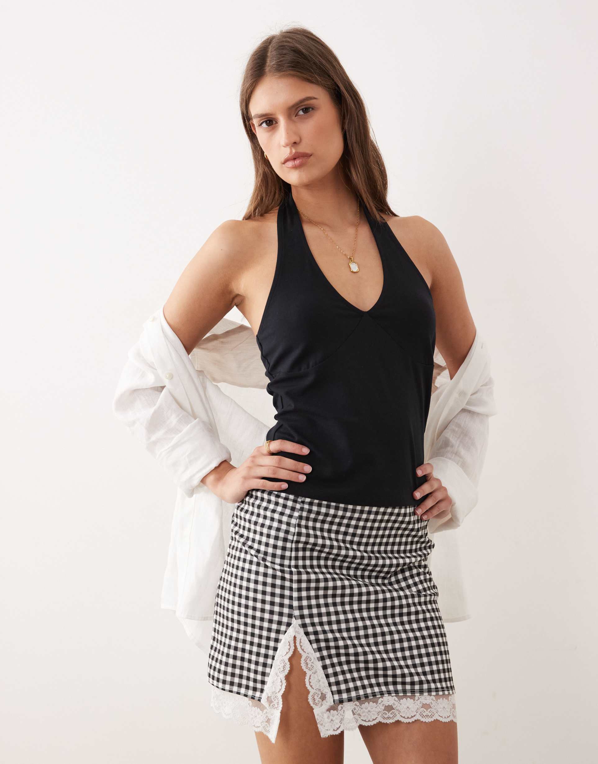asos design mini skirt with lace in gingham print