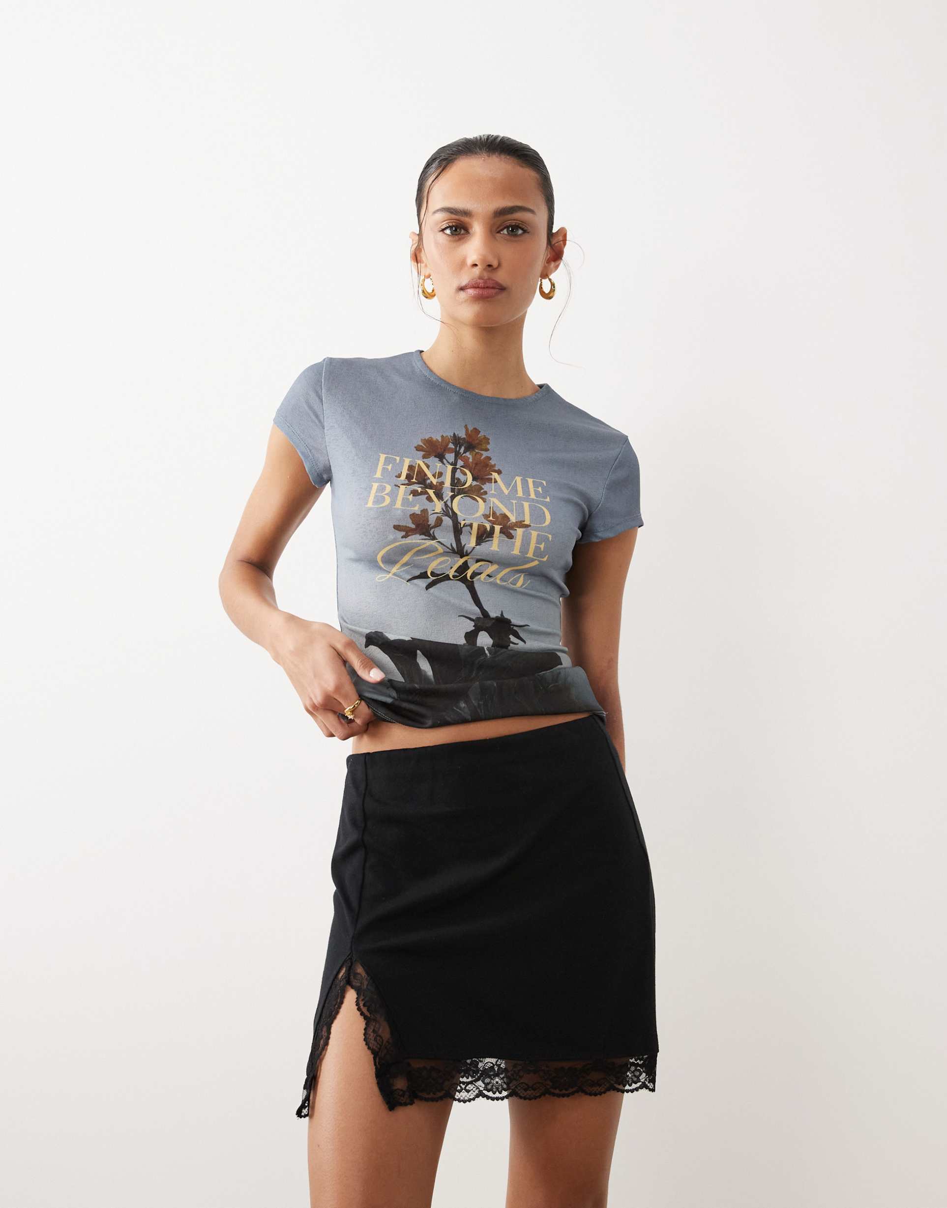 asos design mini skirt with lace trim and side slit in black