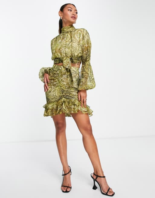 ASOS DESIGN mini skirt with ruffle detail in file coupe paisley print - part of a set