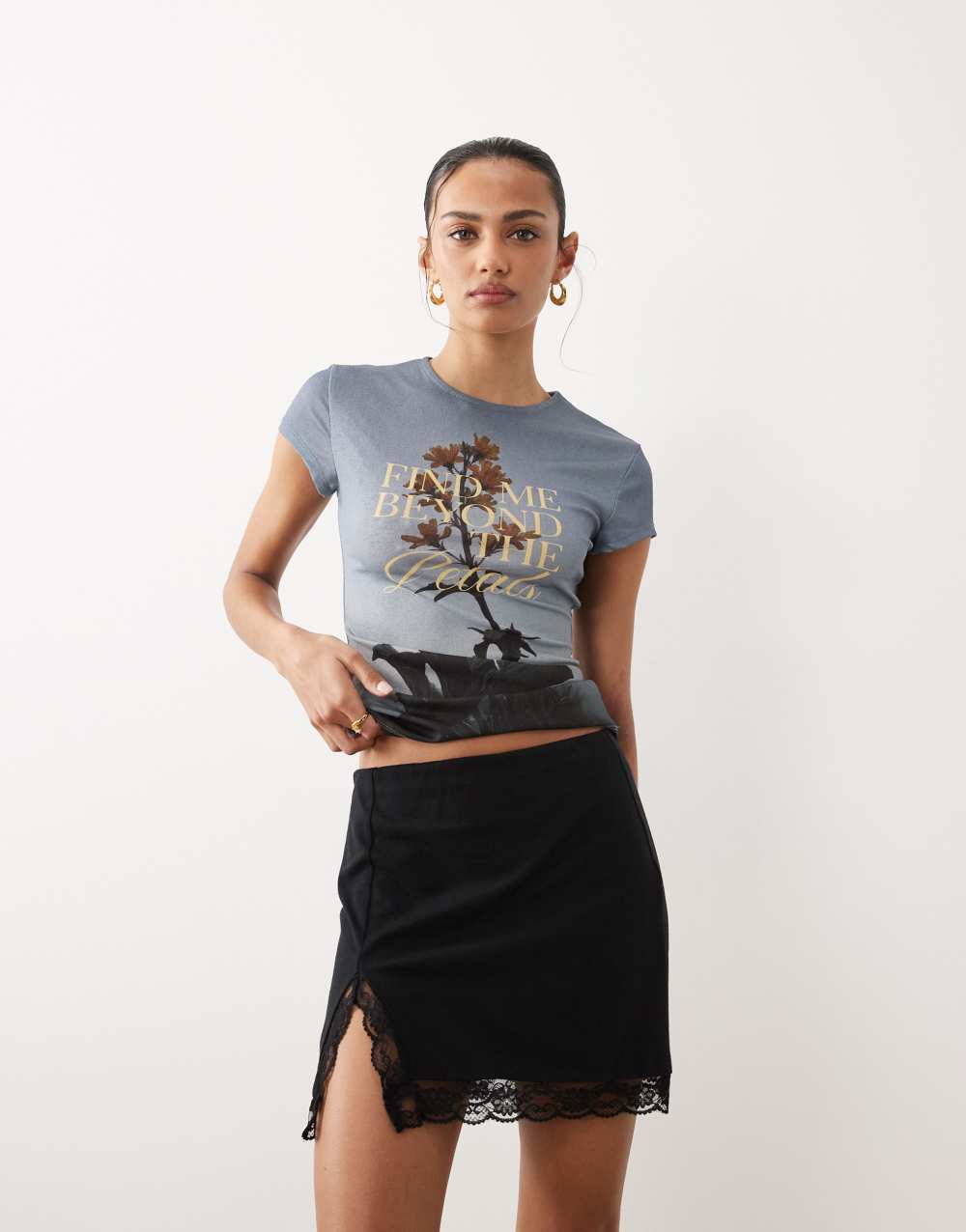 ASOS DESIGN mini skirt with side split with lace in black