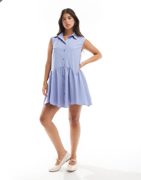 ASOS DESIGN - Mini-skjortekjole uden ærmer med korsetdetalje i taljen og striber i blå - view 1