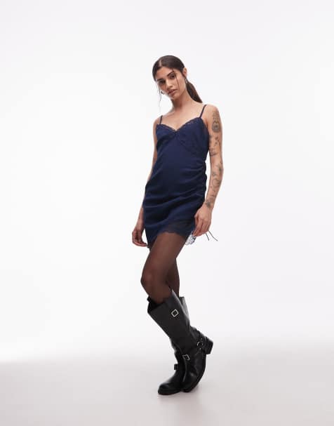 ASOS DESIGN - Mini-slipdress van kant en satijn met bandjes in marineblauw - view 1