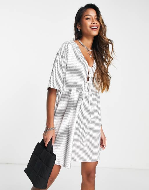 ASOS DESIGN mini smock dress with double tie detail in monochrome stripe ASOS