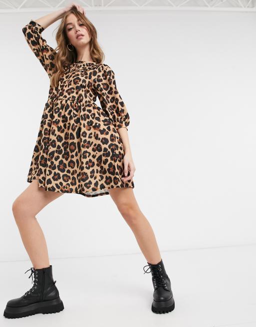 ASOS DESIGN mini smock dress with frill collar in all over leopard ...