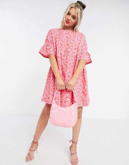 ASOS DESIGN mini smock dress with frill sleeve in red and pink floral print