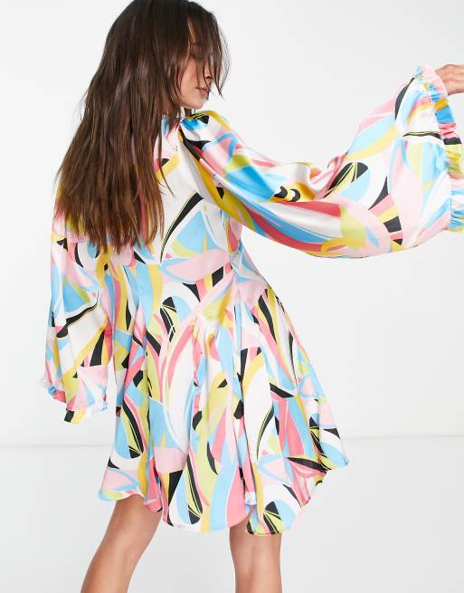  ASOS DESIGN mini smock dress with godets and flared sleeves in swirl print, 2 of 4