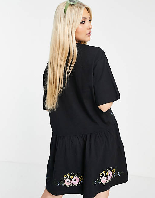  mini smock dress with hem embroidery in black 