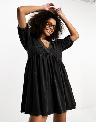 ASOS DESIGN mini smock dress with lace insert in charcoal