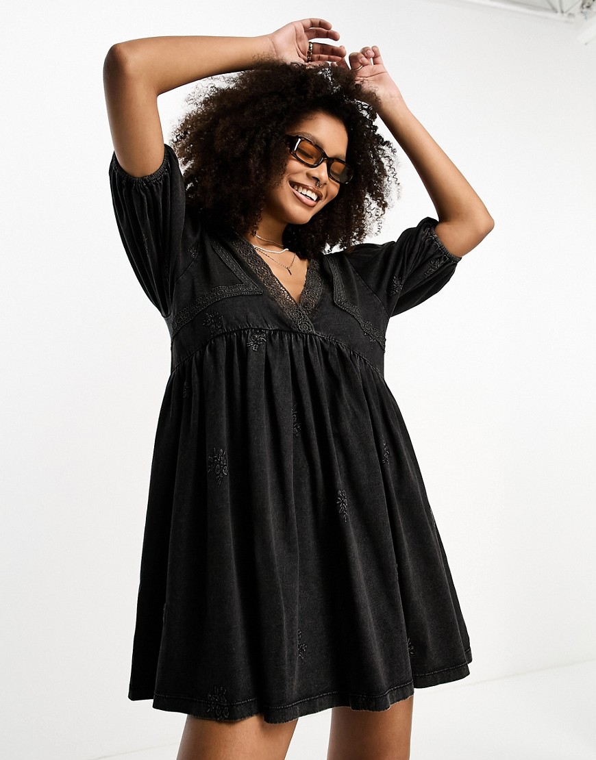 ASOS DESIGN mini smock dress with lace insert in charcoal-Grey