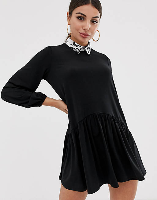ASOS DESIGN mini smock dress with leopard collar | ASOS