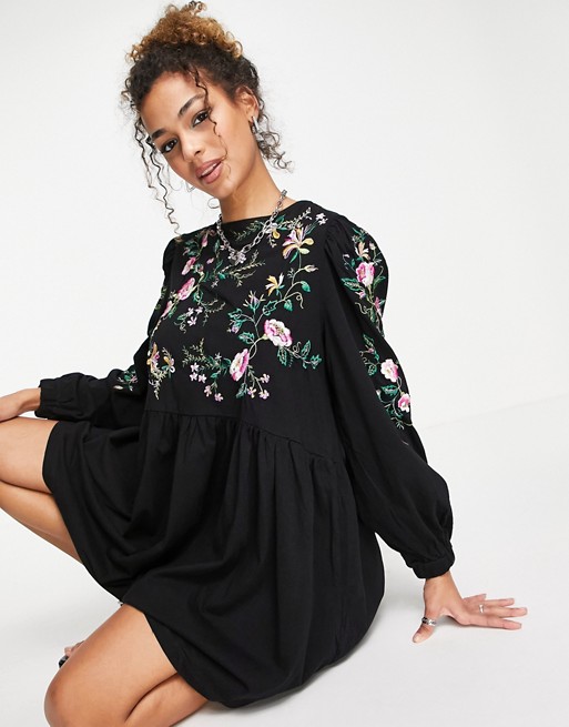 ASOS DESIGN mini smock dress with long sleeves and pink floral embroidery in black
