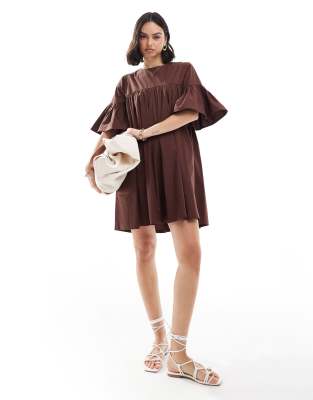 ASOS DESIGN mini smock dress with oversized sleeves in brown-Multi