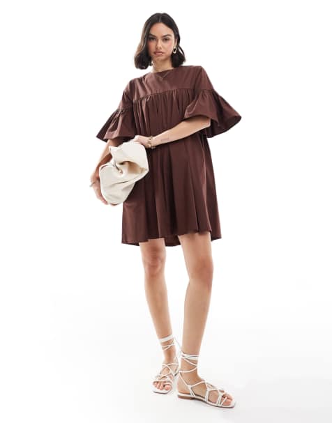 ASOS DESIGN mini smock dress with oversized sleeves in brown  - view 1