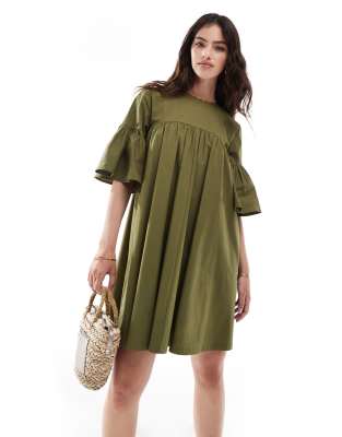 Asos Design Mini Smock Dress With Oversized Sleeves In Olive Green-multi