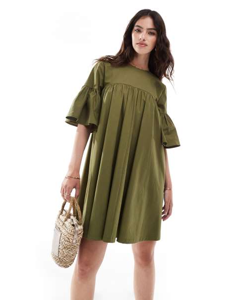 ASOS DESIGN mini smock dress with oversized sleeves in olive green - view 1