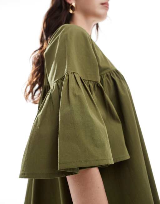 ASOS DESIGN mini smock dress with oversized sleeves in olive green | ASOS