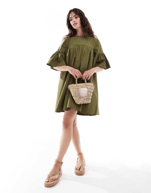 green emerald velvet dress ASOS DESIGN long sleeve tiered smock midi dress in forest green