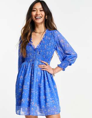 ASOS DESIGN mini smock dress with shirred cuffs in blue floral print