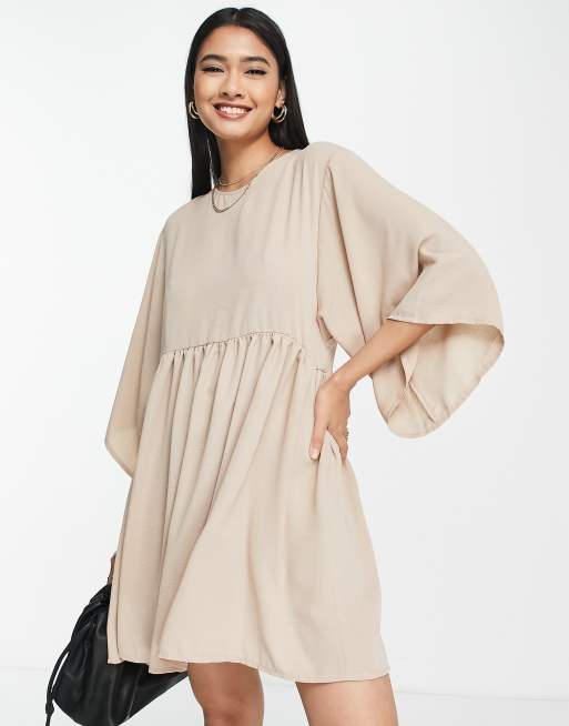 ASOS DESIGN - Mini-smockjurk met kimonomouwen in naturel