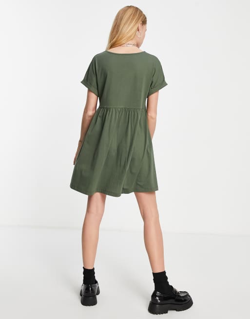 ASOS DESIGN - Mini-smockjurk met korte mouwen en grote knopen in khaki, 2 van 4